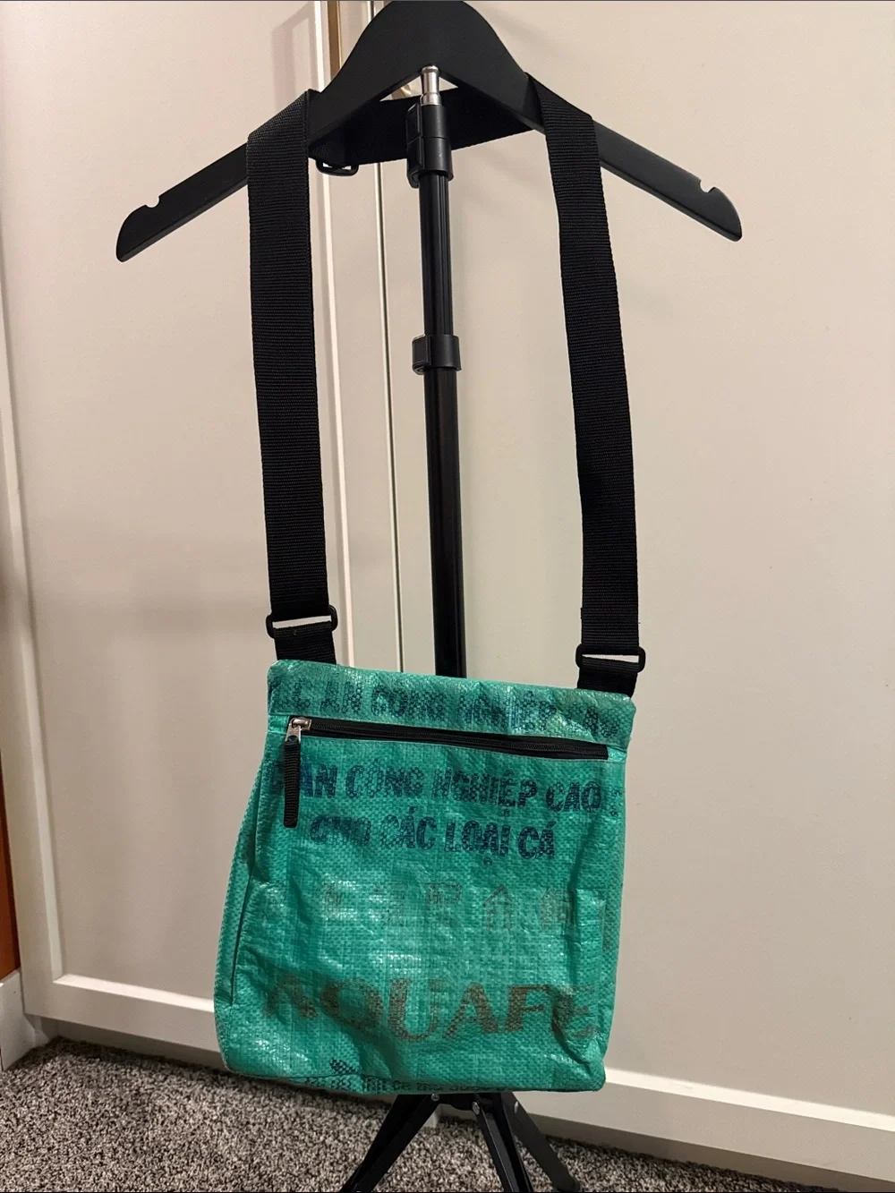 Gecko Traders Recycled Rice Sack Crossbody Bag Aqua Cambodia Adjustable Strap